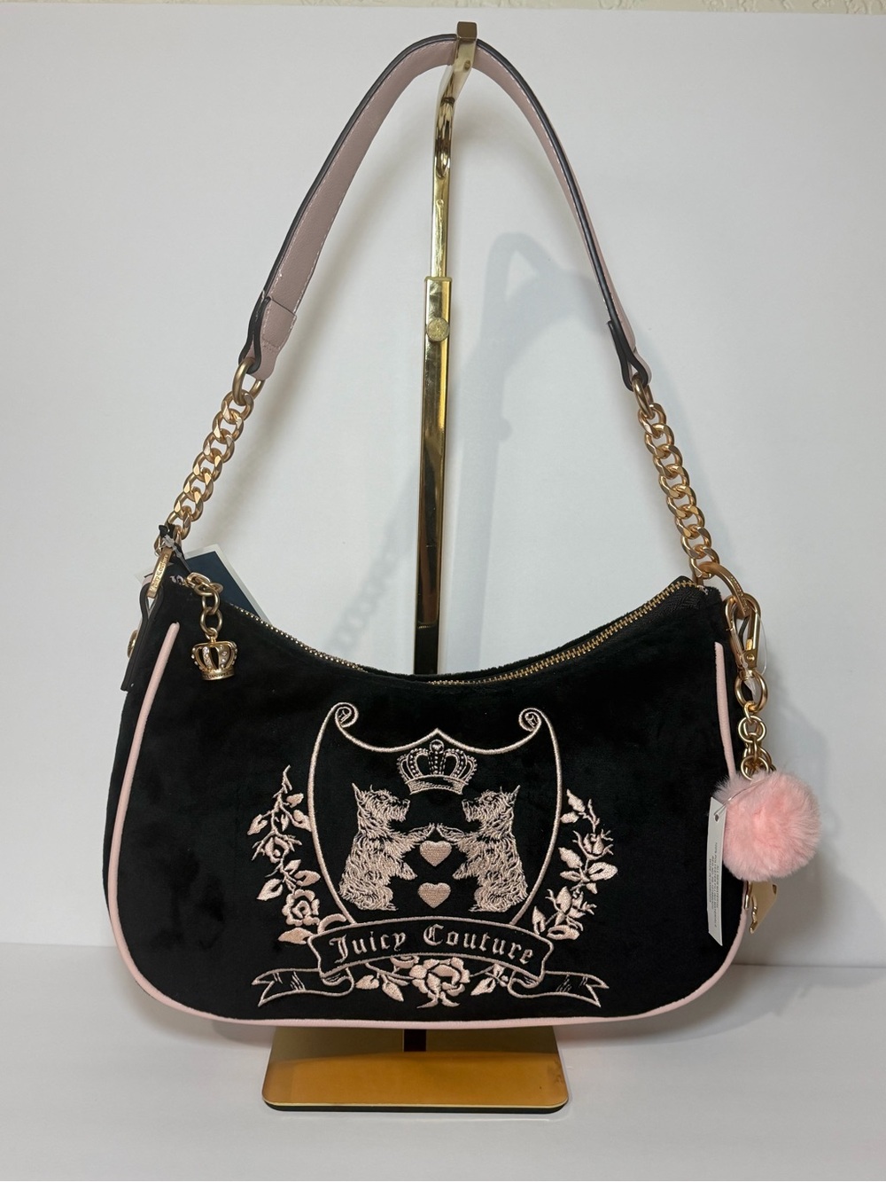 Juicy Couture Black Velvet Shoulder Bag with Pink Trim & Pom